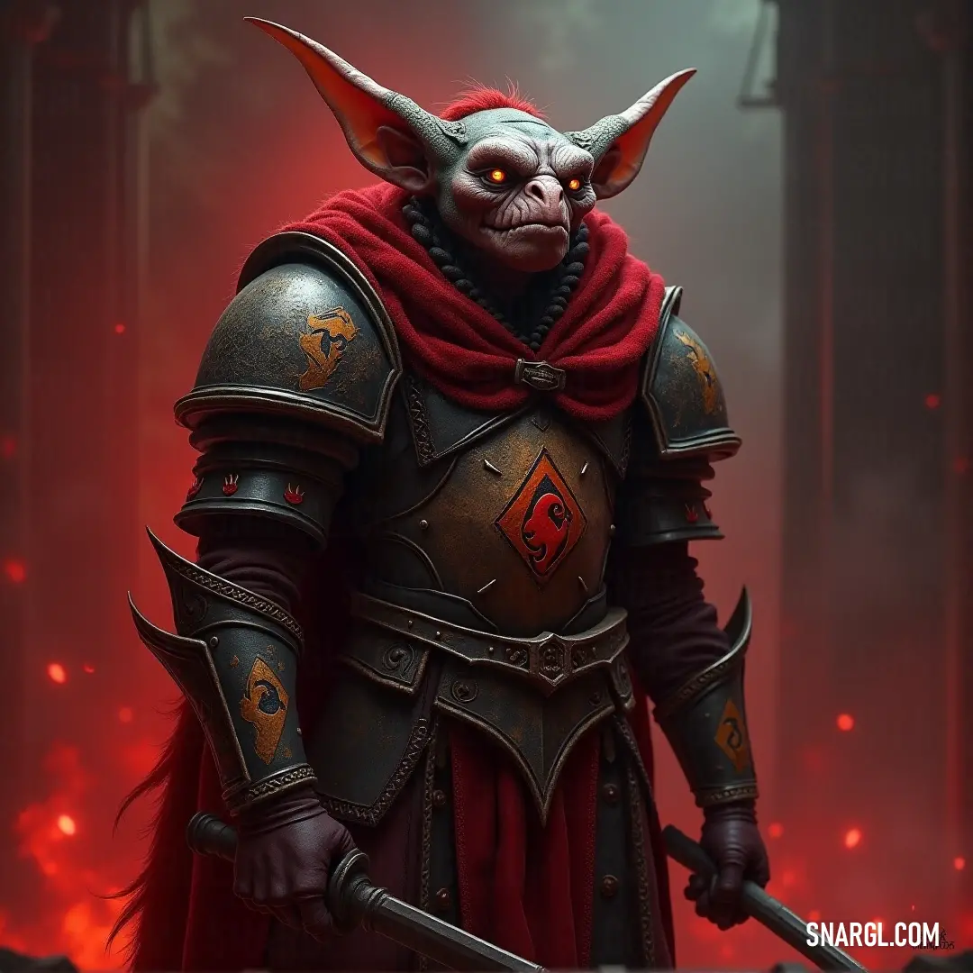 A fearsome Yagzak, exuding an air of menace, stands tall, his red cape flowing in the wind as he grips a gleaming sword, his demonic features casting a dark shadow across the surrounding landscape.