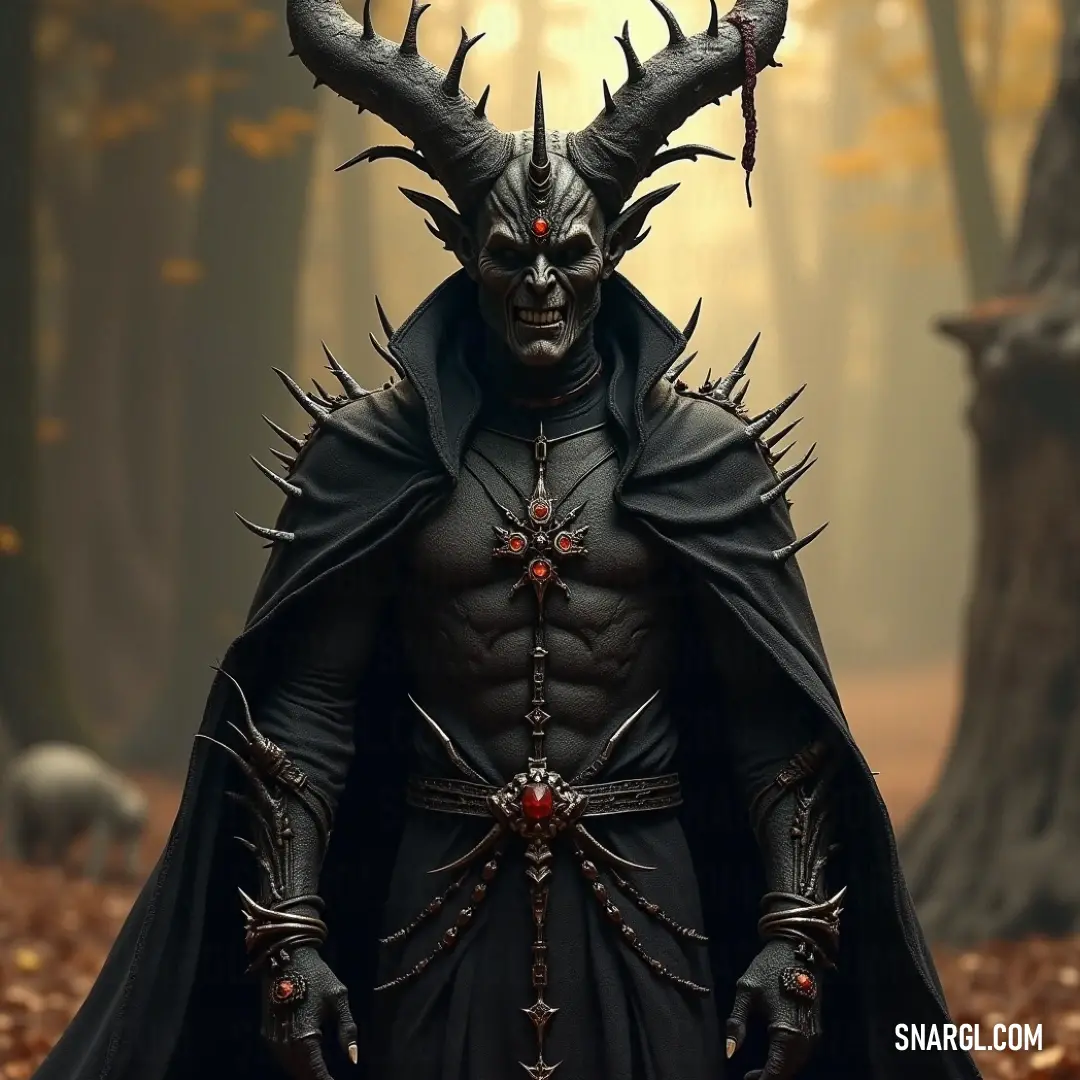 Yaldabaoth, cloaked in black with a crown of horns, navigates a dim-lit ambiance, embodying an aura of strength and mystery. Draped in an imposing black cape, Yaldabaoth stands regal and mysterious, with impressive horns crowning his head, effectively merging elements of power and mystique as he navigates through a dimly lit environment, where shadows play against the flickerin