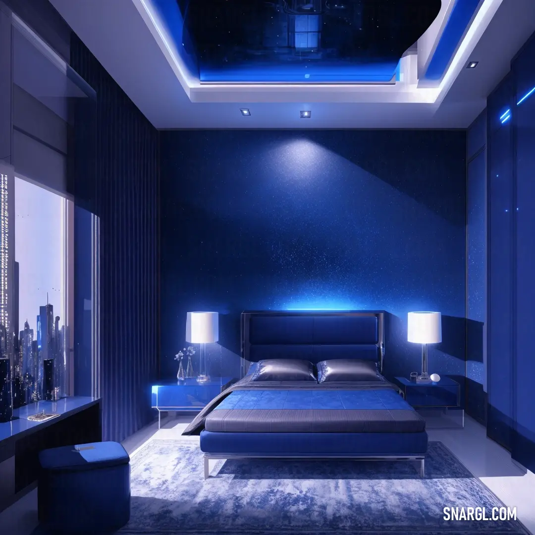 Bedroom with a blue ceiling and a bed with a blue blanket and pillows on it