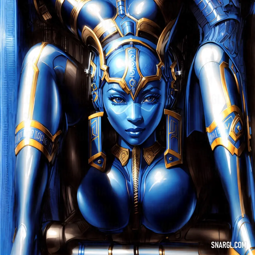 Blue and gold colored woman with a large breast