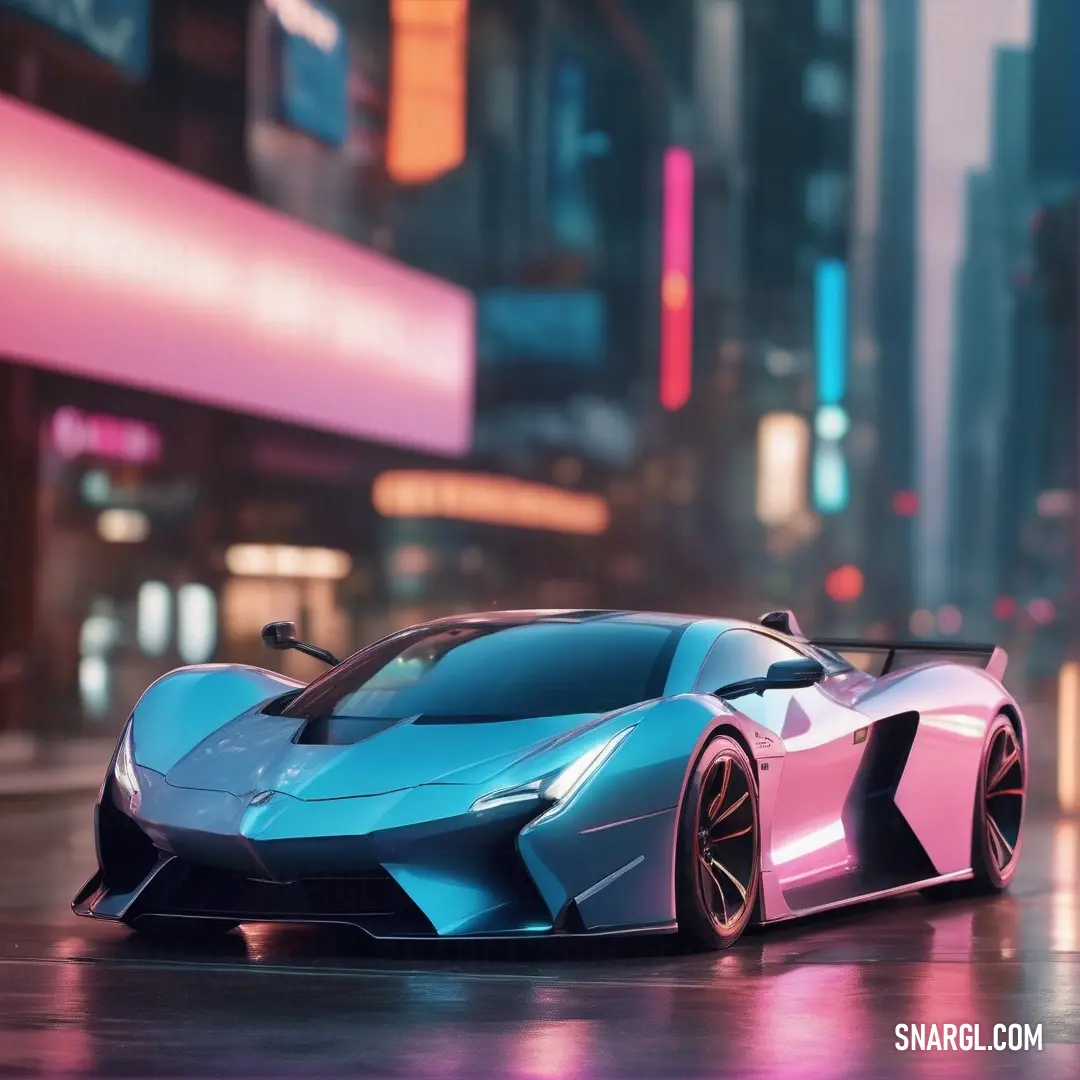 Blue and pink sports car parked in a city street at night with neon lights on the buildings behind it. Example of RGB 15,77,146 color.