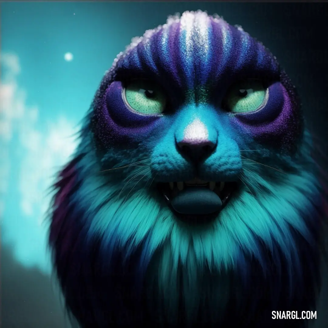 Blue and purple animal with green eyes and a sky background with clouds and stars in the background
