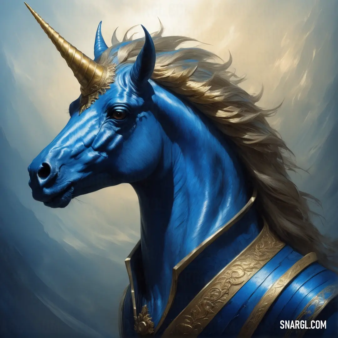 Blue horse with a gold mane and a blue dress with gold trims and a blue background with clouds. Example of CMYK 90,47,0,43 color.