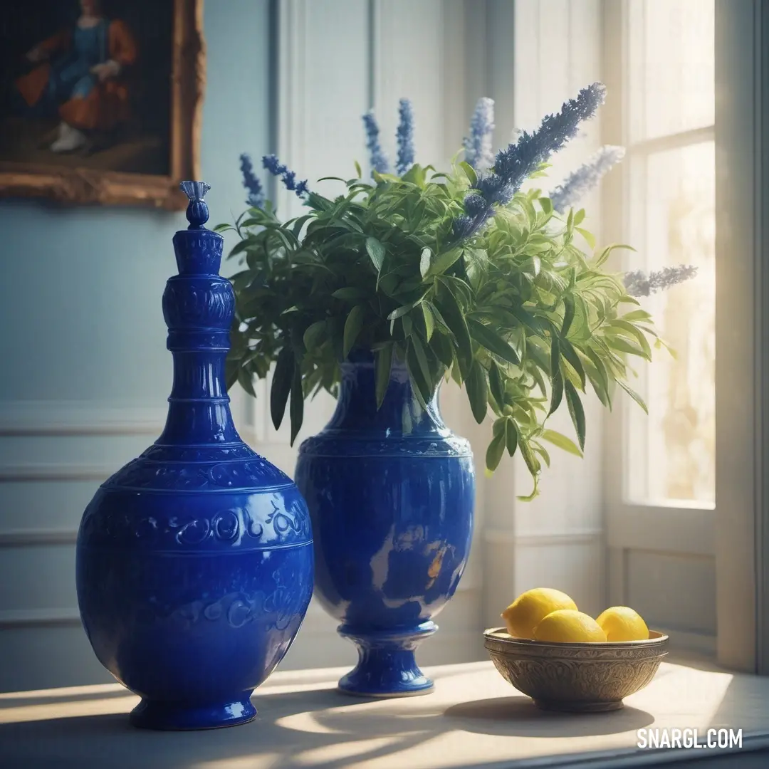 Yale Blue color. Blue vase with a plant and a bowl of lemons on a table in front of a window