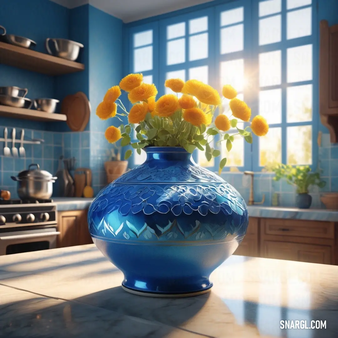 Blue vase with yellow flowers in it on a counter top in a kitchen with blue walls and a window. Example of CMYK 90,47,0,43 color.
