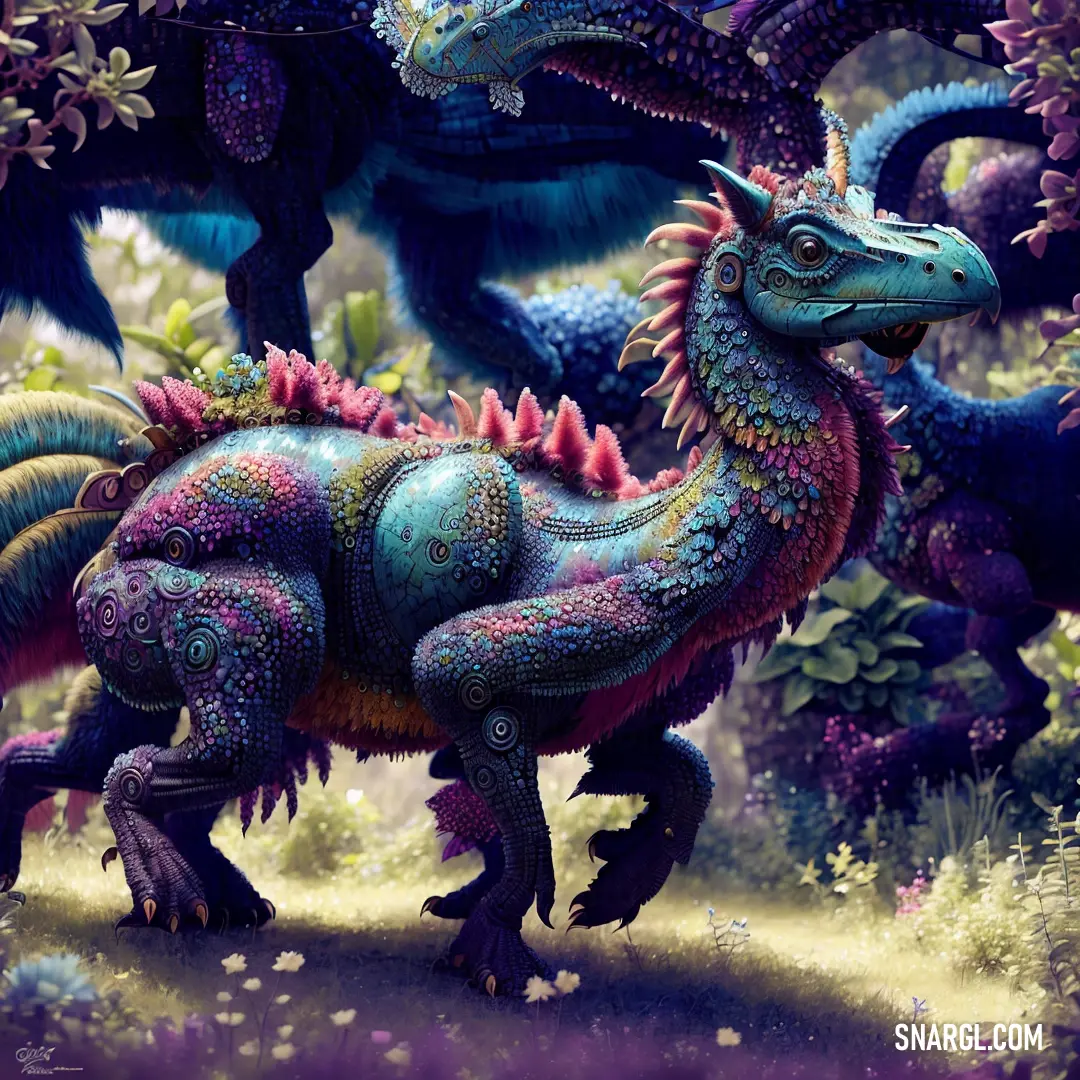 Colorful dragon is walking through a field of flowers and trees in the background is a purple sky