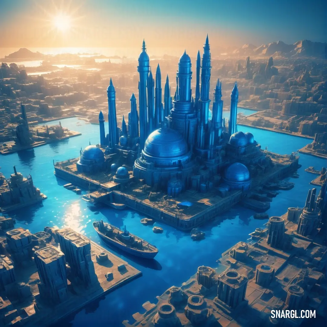 Futuristic city with a large blue dome on top of it and a large body of water in front of it. Color RGB 15,77,146.