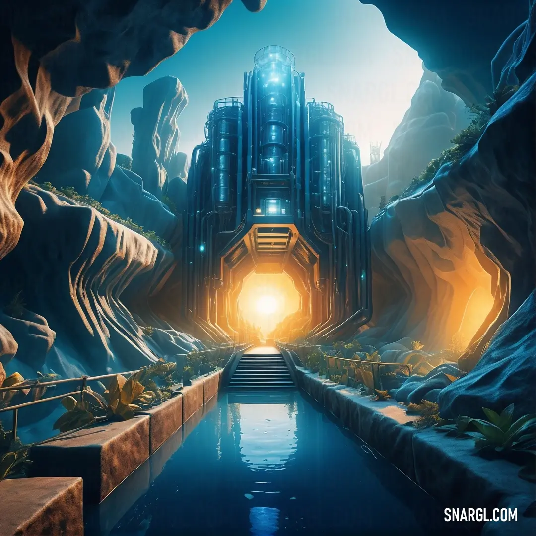 Futuristic city with a river running through it and a light at the end of the tunnel in the middle. Color Yale Blue.