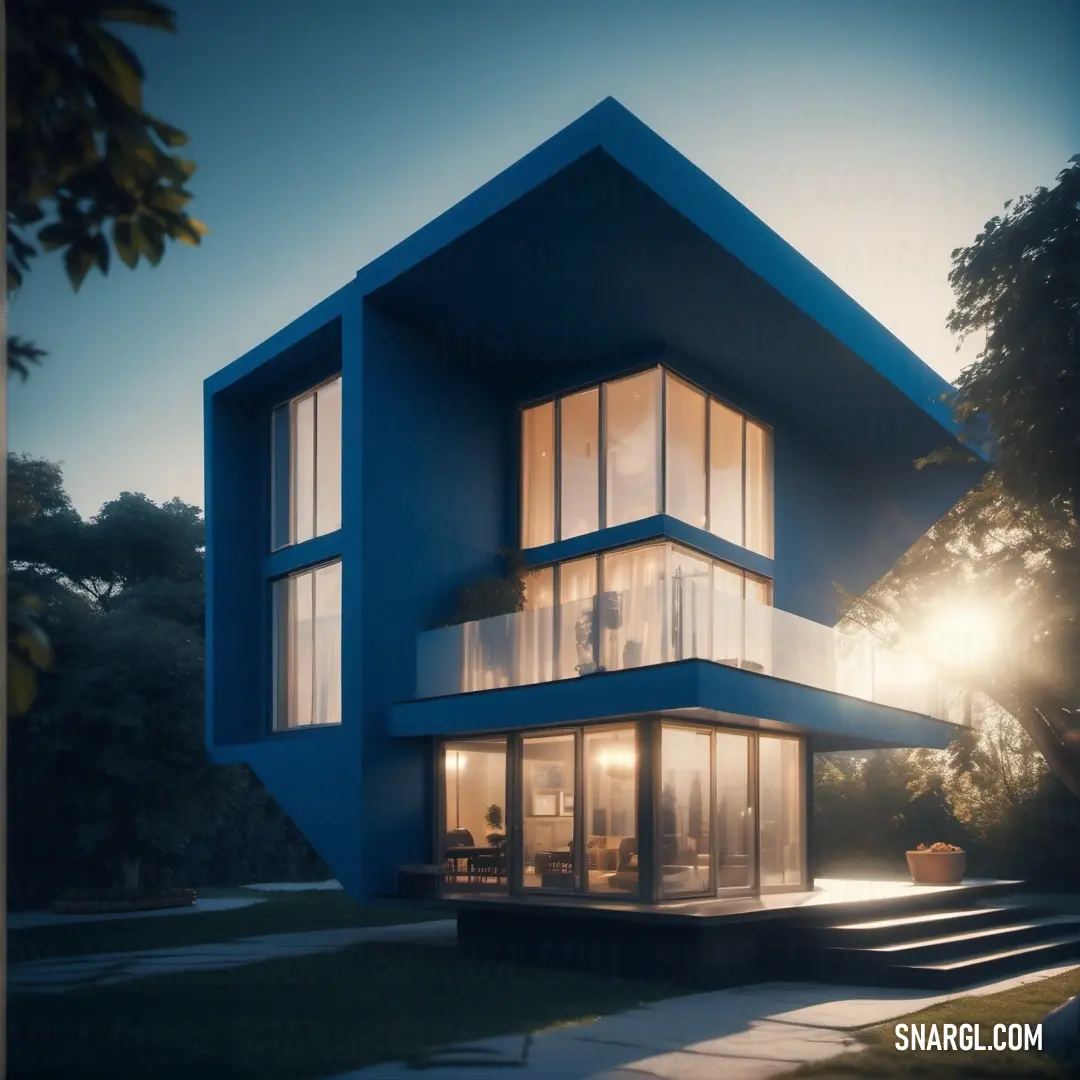 House with a large blue roof and a staircase leading to it's second floor and a patio. Color #0F4D92.
