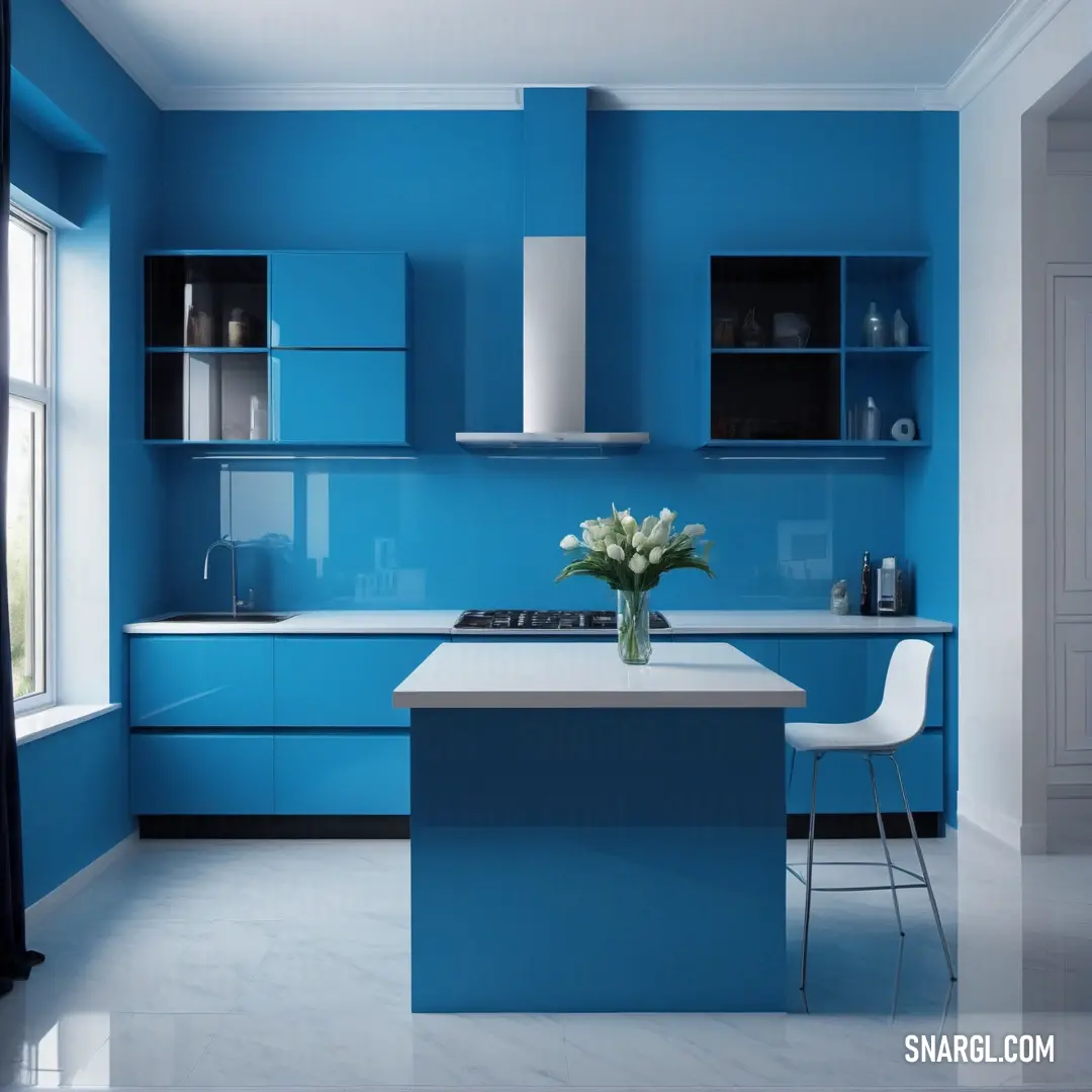 Kitchen with blue walls and a white counter top and a vase with flowers on it and a window. Example of RGB 15,77,146 color.