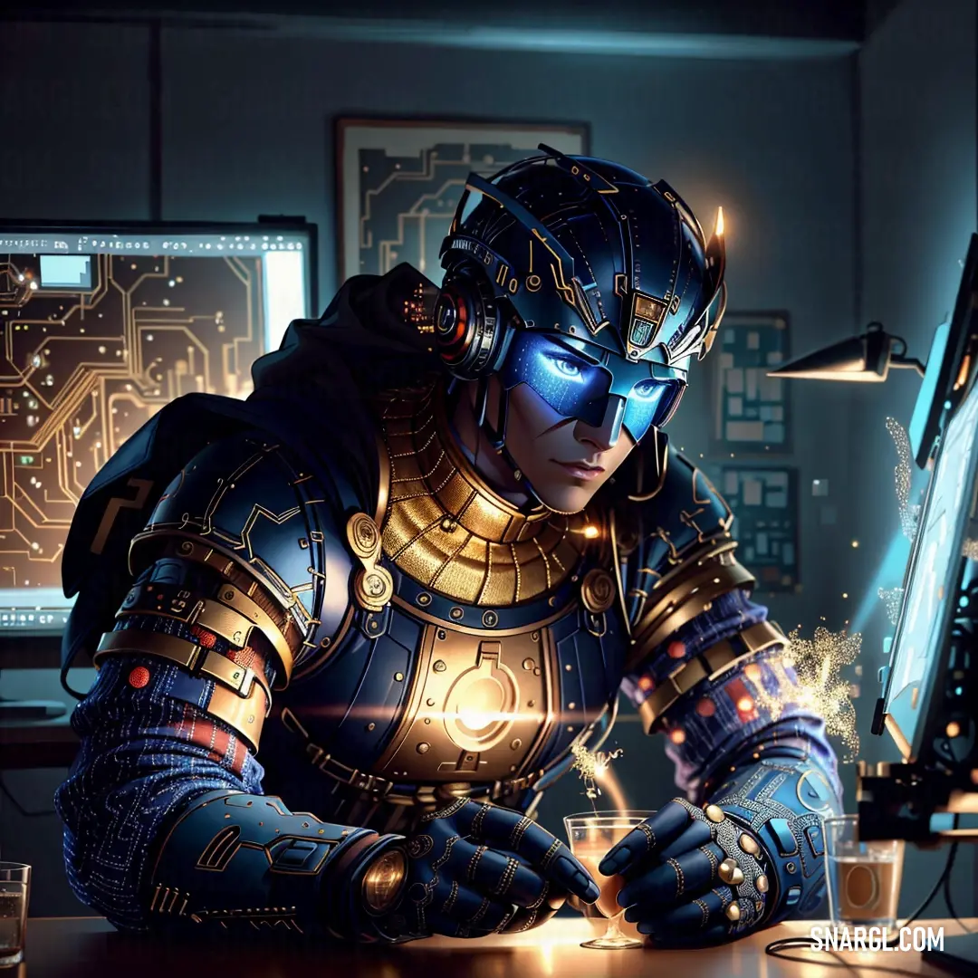 Man in a futuristic suit at a desk with a computer monitor and a light on his face
