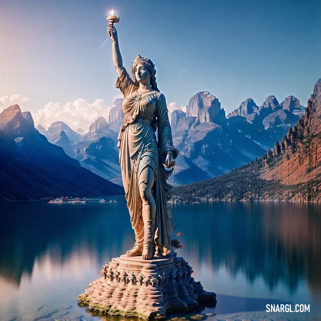 Statue of a lady liberty holding a torch in her hand near a lake with mountains in the background