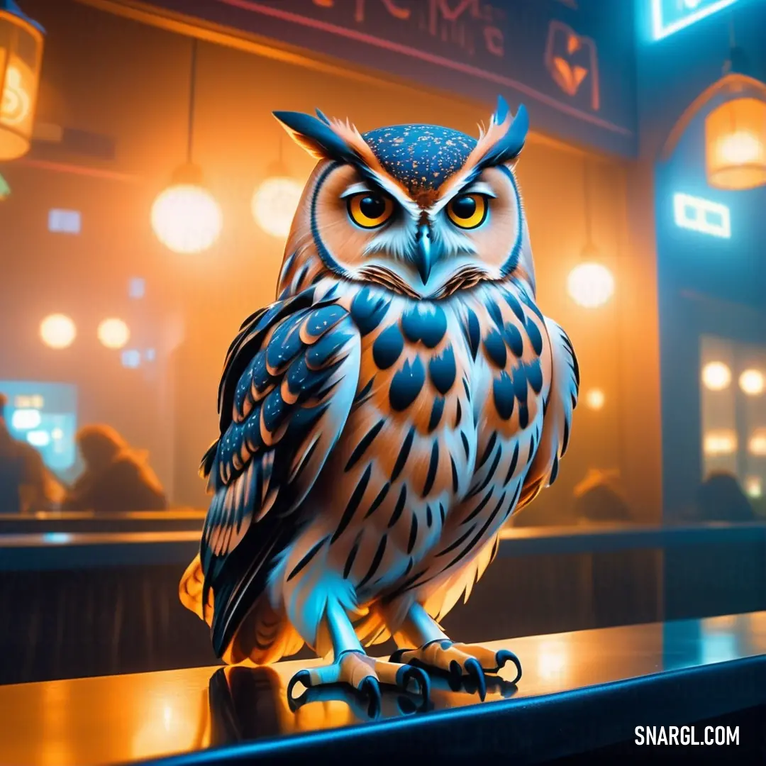 Statue of an owl on a table in a bar with lights in the background and a neon sign above it. Color CMYK 90,47,0,43.
