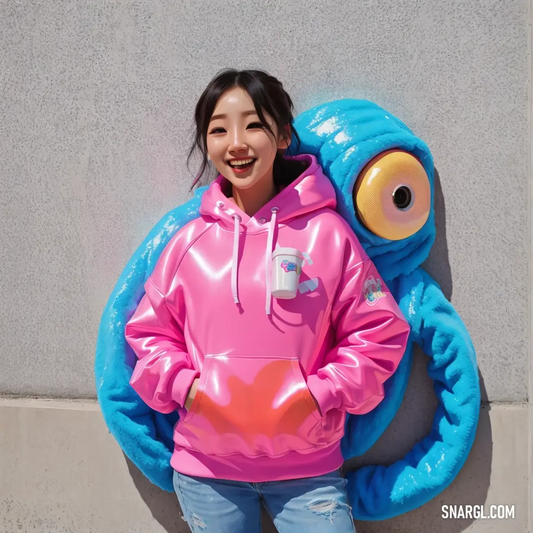 Woman in a pink hoodie standing next to a blue monster pillow and smiling at the camera with her hands in her pockets