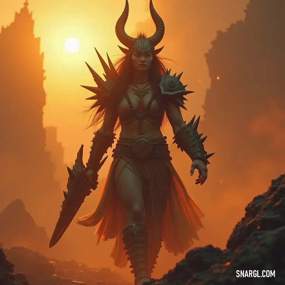 Yama, the formidable deity with horns, draws power from a stunning sunset in the desert while wielding his sword. Fearless Yama, adorned with ornate horns, holds a gleaming sword, standing tall against a breathtaking sunset backdrop in a desolate desert, a figure of authority and justice in stark contrast to nature's beauty.