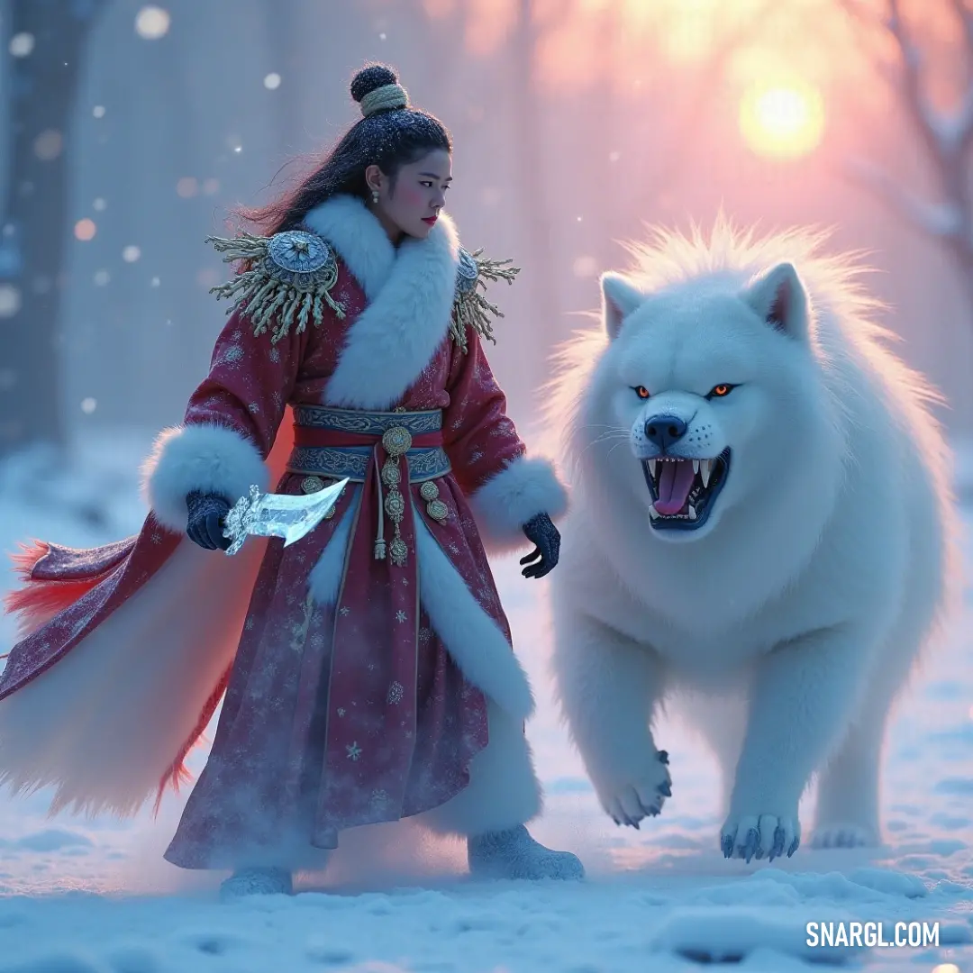 In a serene snowy forest, Yamauba in her flowing red dress and a majestic white wolf create a magical vision filled with wonder, tranquility, and a connection to nature. Yamauba, depicted in a flowing red dress, stands gracefully alongside a white wolf in a tranquil snowy forest, surrounded by tall trees and delicate snowflakes drifting through the air, radiating serenity and magic.