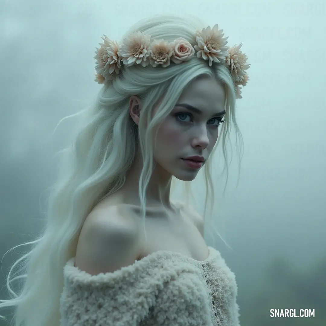 With her enchanting floral crown and gentle attire, she embodies the spirit of nature, inviting the viewer to celebrate the beauty of the earth and its vibrant colors, symbolizing renewal and connection with all living things. A woman adorned with a floral crown and a cozy sweater drapes gracefully over her shoulders, exuding warmth and natural beauty, as she stands amidst a lush backdrop of greenery and blooming flowers ready to embrace nature's gifts.