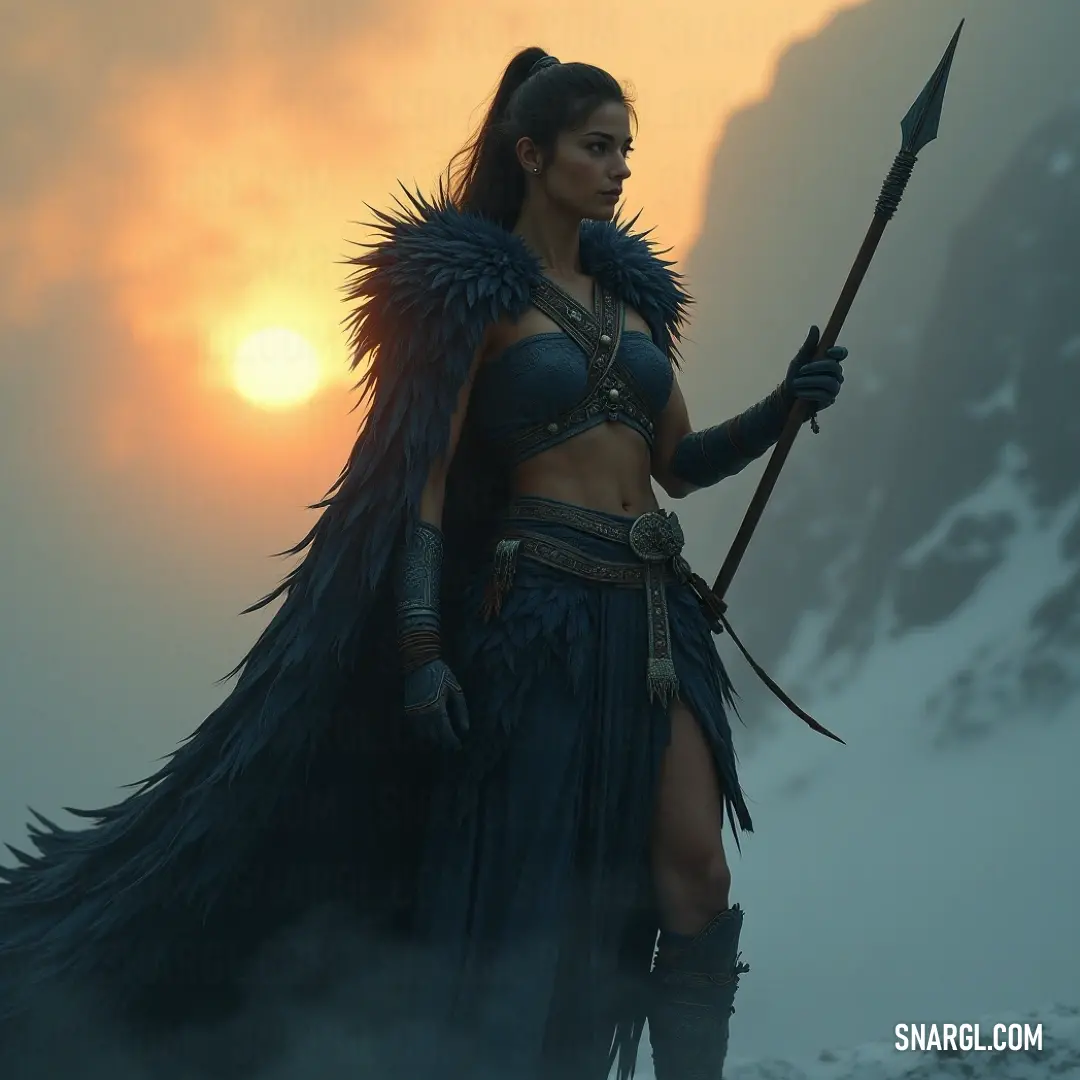 A fierce heroine in a blue gown, armed with a spear and sword, set against a majestic mountain backdrop at dusk. A stoic figure clad in a striking blue dress stands defiantly amidst towering mountains, gripping a spear and sword as the sunset bathes the landscape in a warm, golden glow, hinting at battles won and lost.