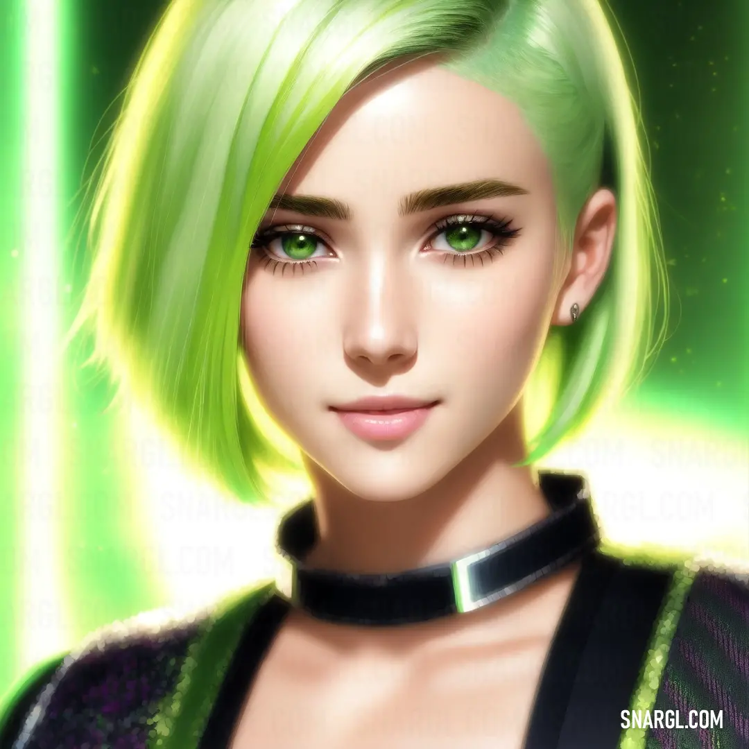 Digital painting of a woman with green hair and green eyes and a choker around her neck