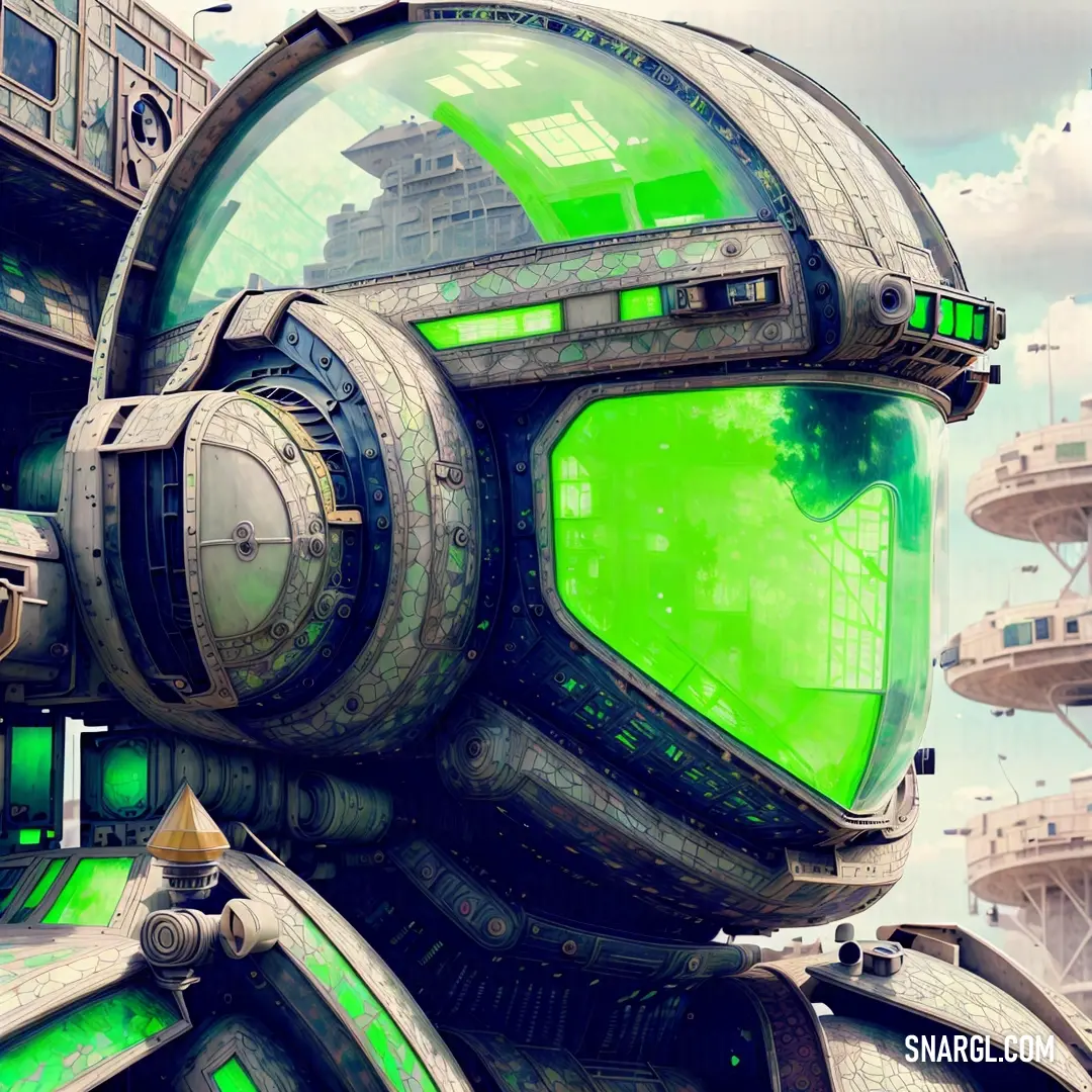 Futuristic looking building with a green screen in the window and a sky background