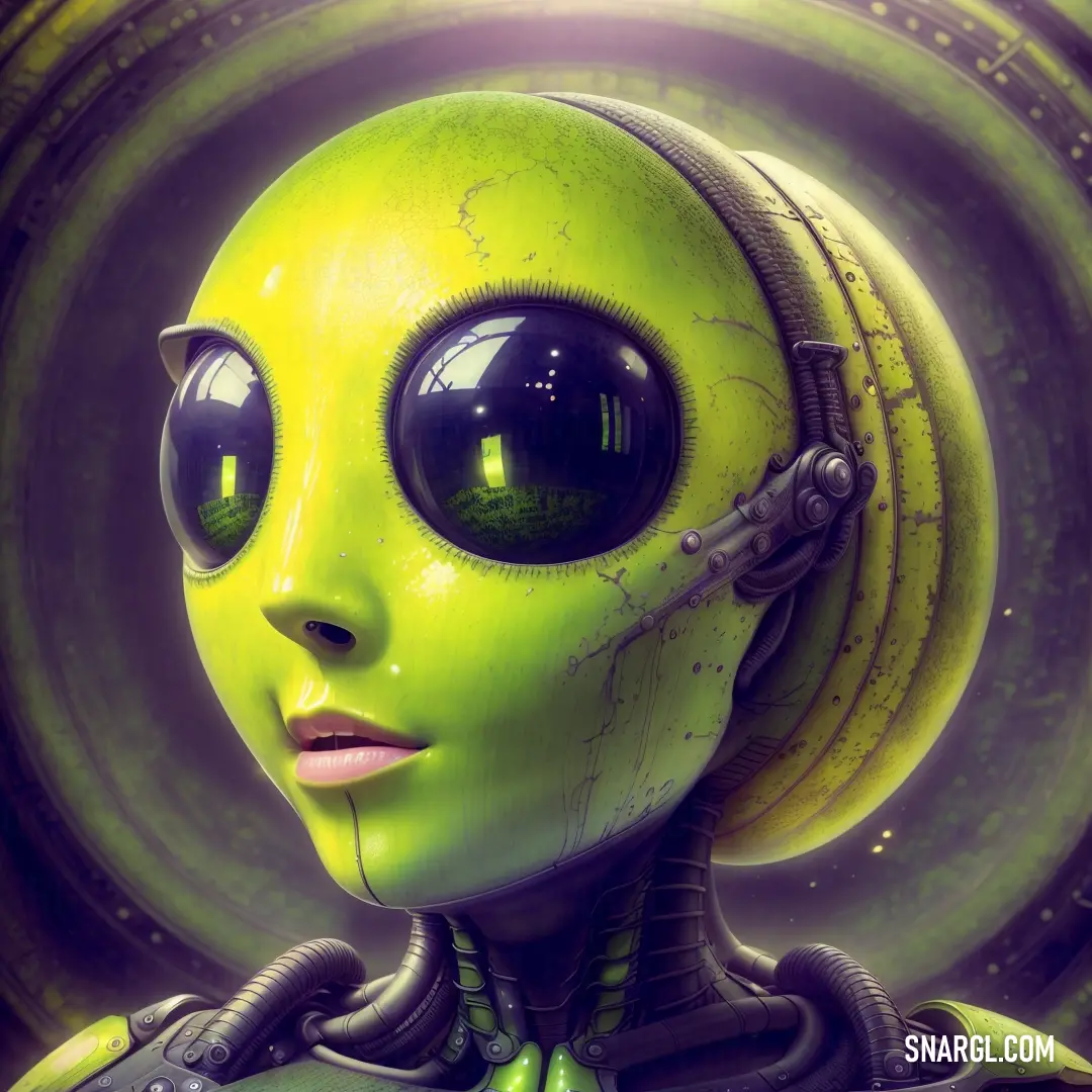 Green alien with a black eye and a green helmet on it's head and a green circle around it