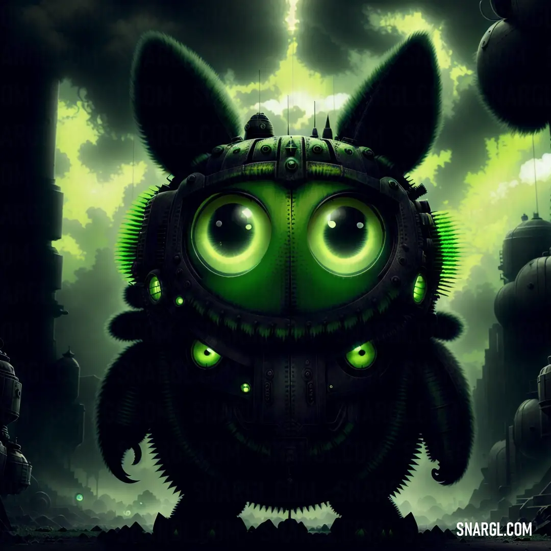 Green alien with big eyes and a helmet on it's head is standing in a dark