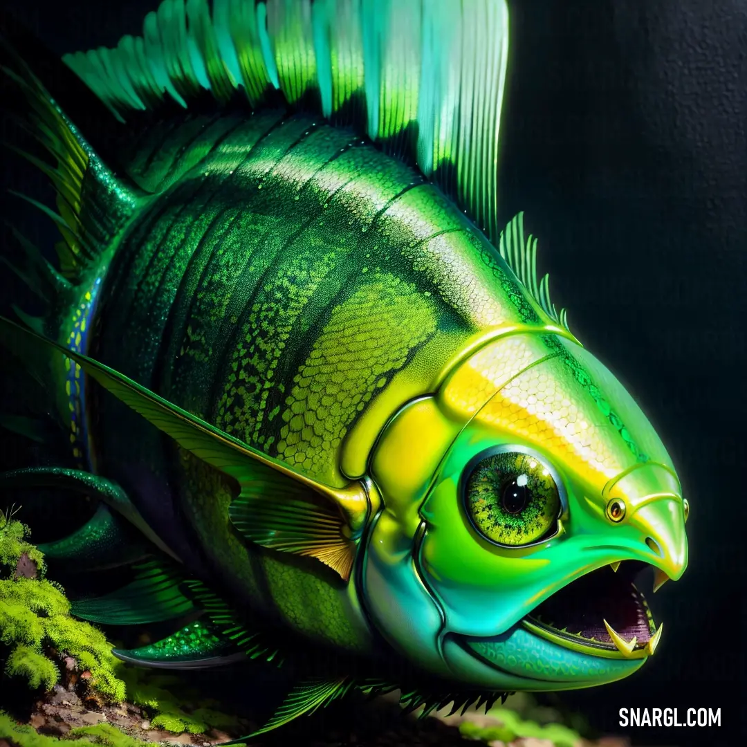 Green fish with a yellow stripe on its face and mouth is shown in a dark background with moss