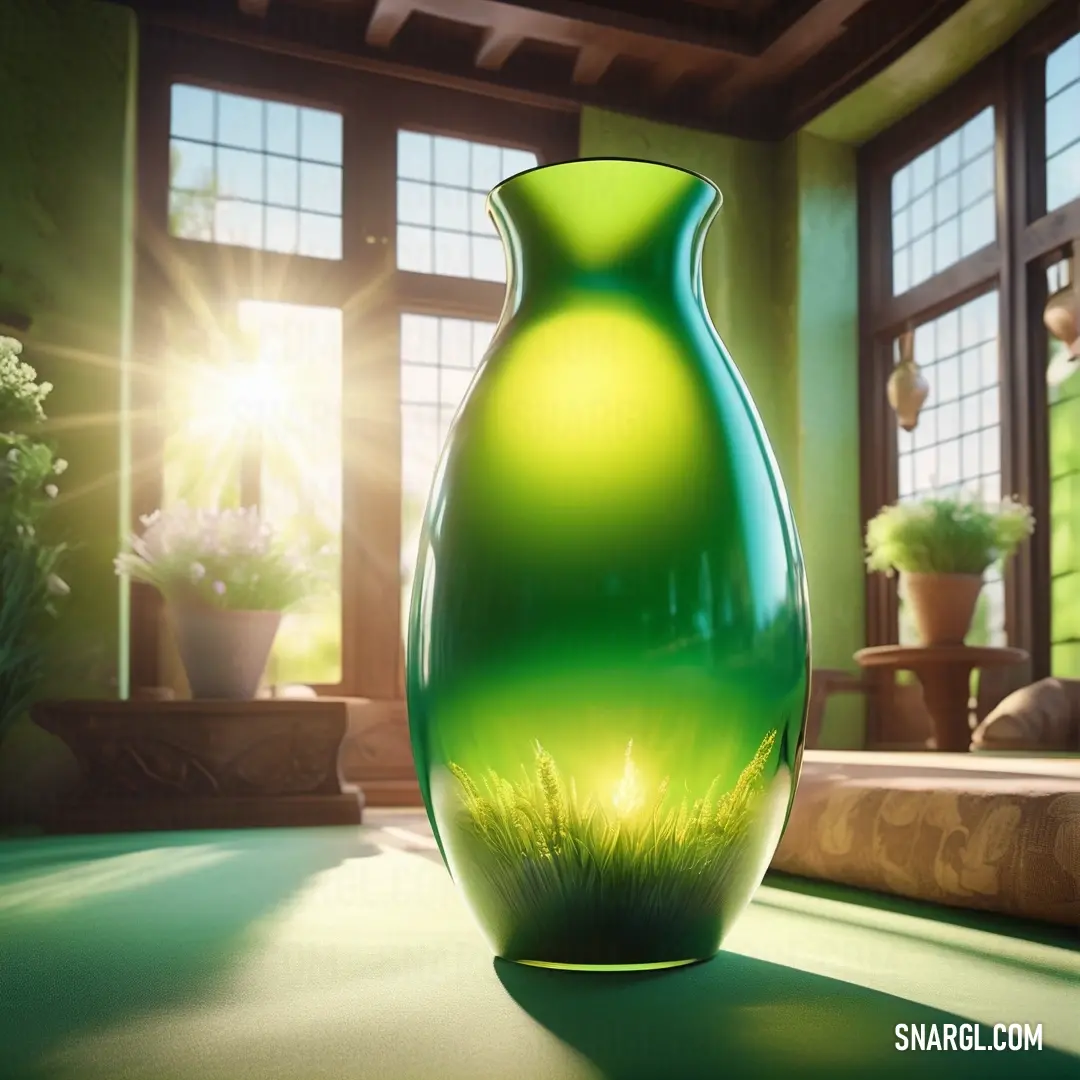 Green vase on a table in a room with windows and potted plants in the background. Color Yellow green.