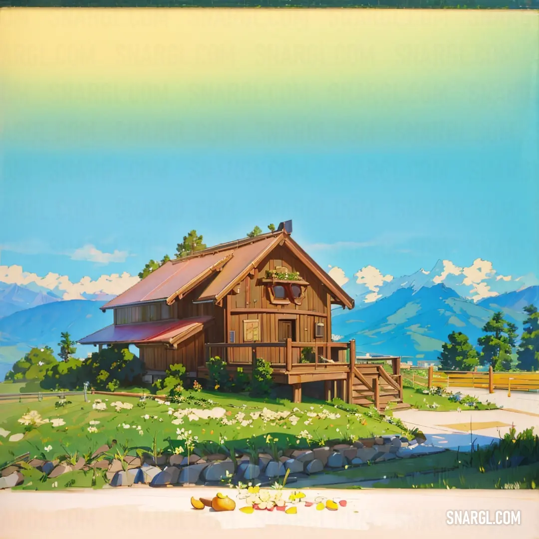 Painting of a house on a hill with mountains in the background and a stream running through the grass