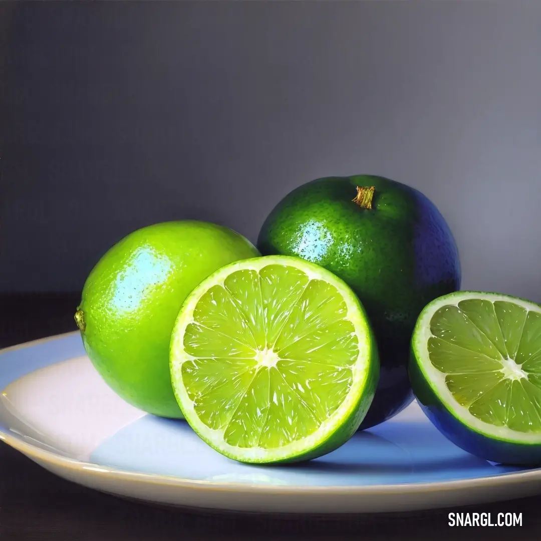 Plate with limes and a lime on it on a table with a gray background and a blue and white plate