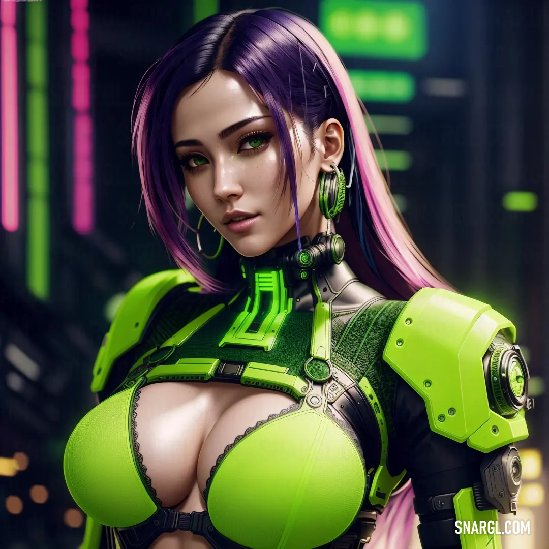 Woman in a neon green outfit with big breast and large breasts is posing for a picture in a futuristic city