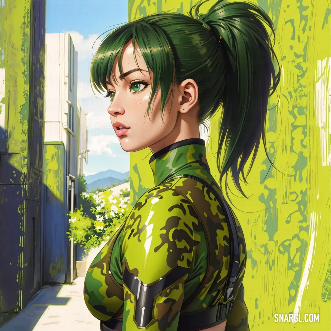 Woman with green hair and a green outfit on a street corner with a green wall behind her
