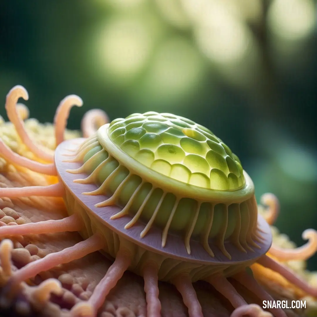 Yellow green color. Close up of a sea anemone on a coral with a blurry background