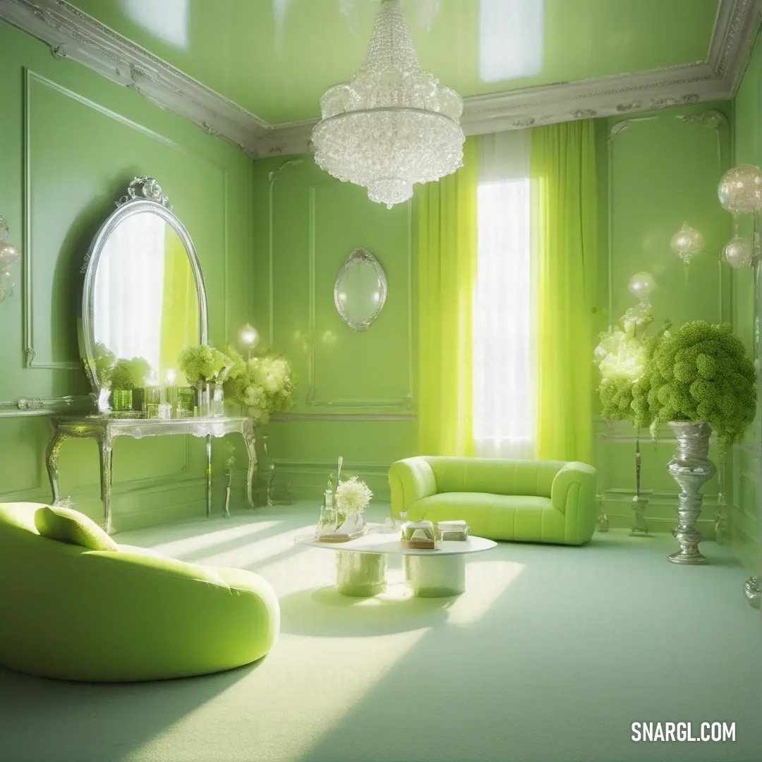 Yellow green color. Green room with a green couch and a green chair and a table with flowers on it and a mirror