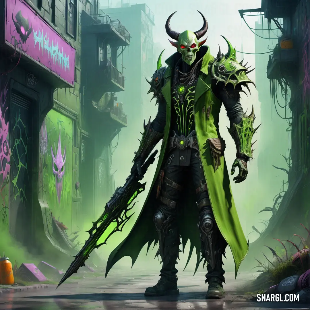 Yellow green color. Man in a green coat and horned head with horns