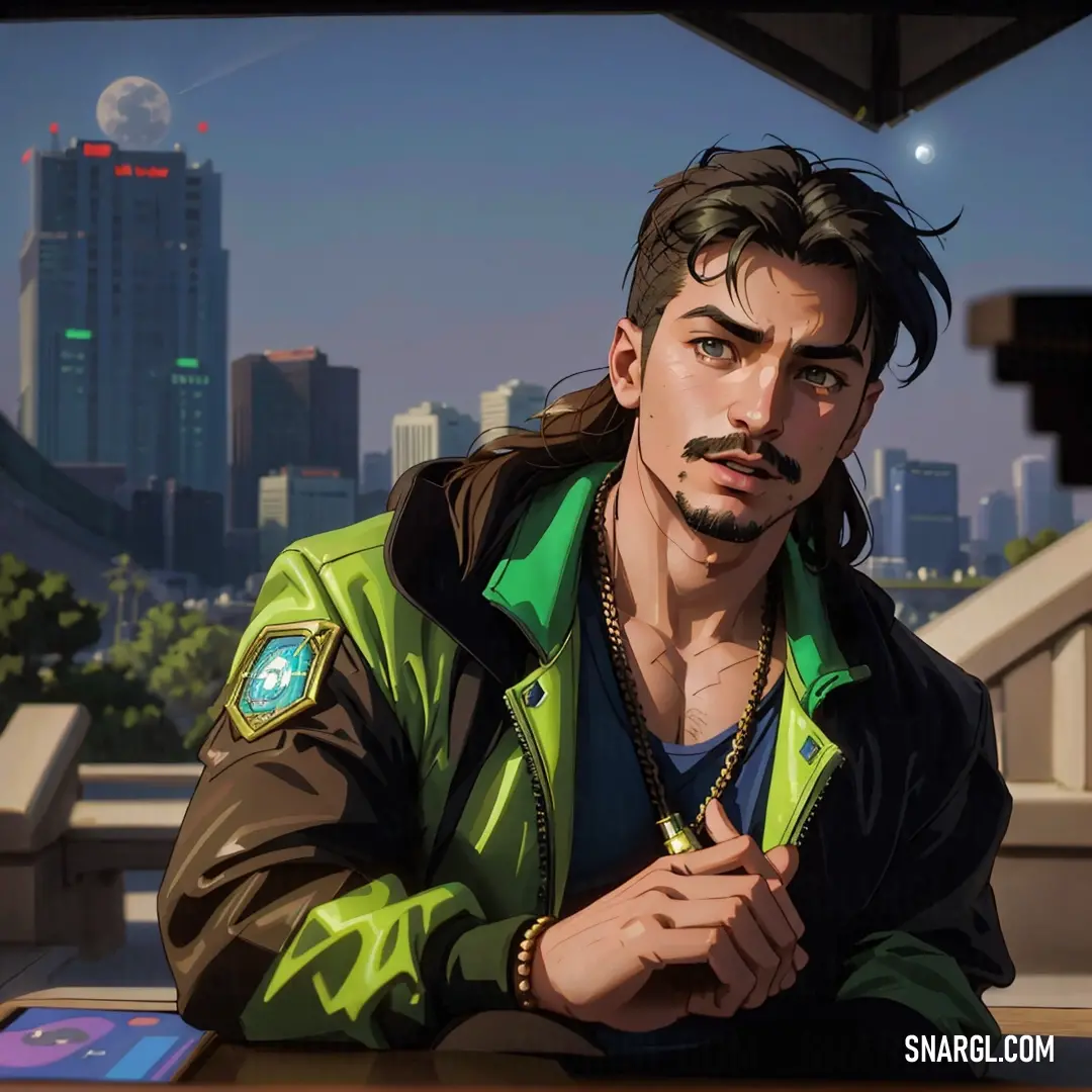 Yellow green color. Man with a mustache and a green jacket at a table in front of a cityscape