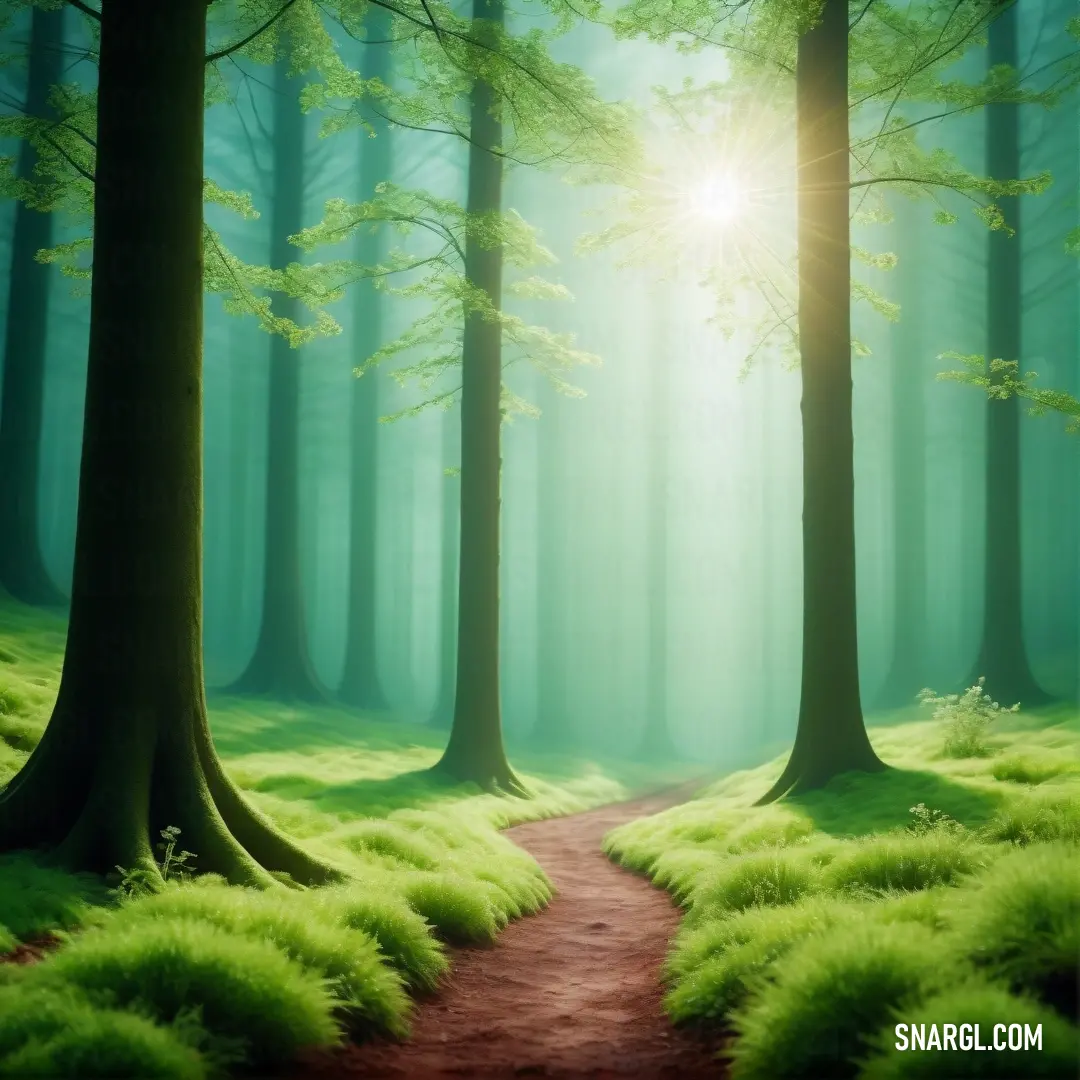 Path through a forest with a bright sun shining through the trees and grass on the ground in the foreground. Color RGB 154,205,50.