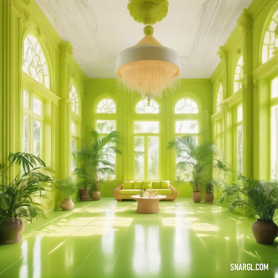 Room with a lot of windows and a couch in it with a chandelier hanging from the ceiling. Color Yellow green.