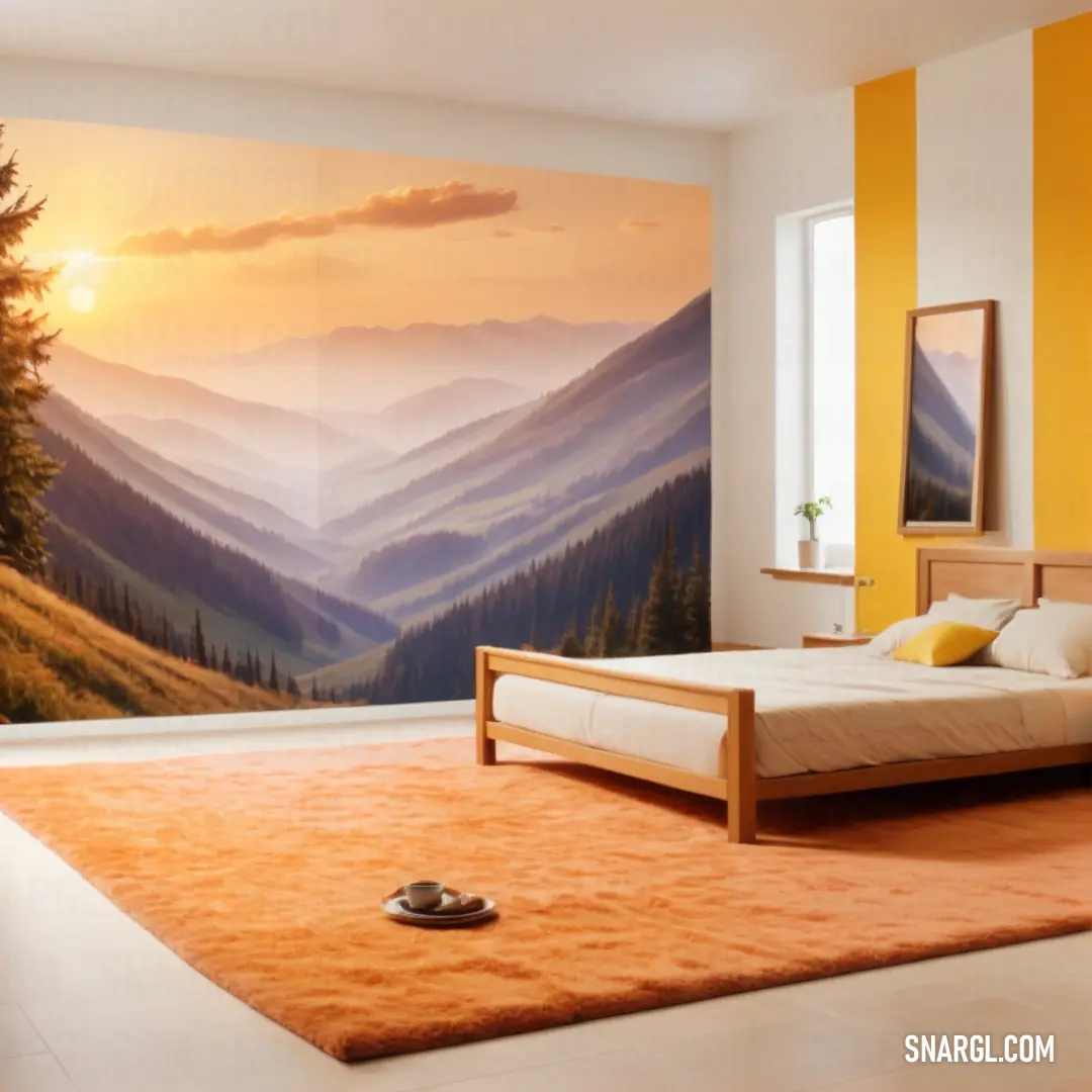 Bedroom with a large mural of a mountain scene on the wall and a bed in the foreground. Color RGB 255,174,66.