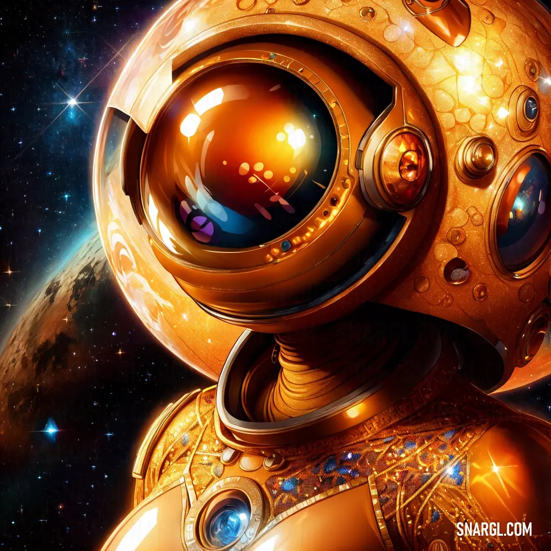 Golden space suit with a planet in the background and stars in the sky behind it