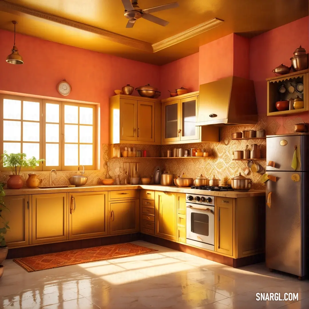 Kitchen with a stove, refrigerator. Example of RGB 255,174,66 color.