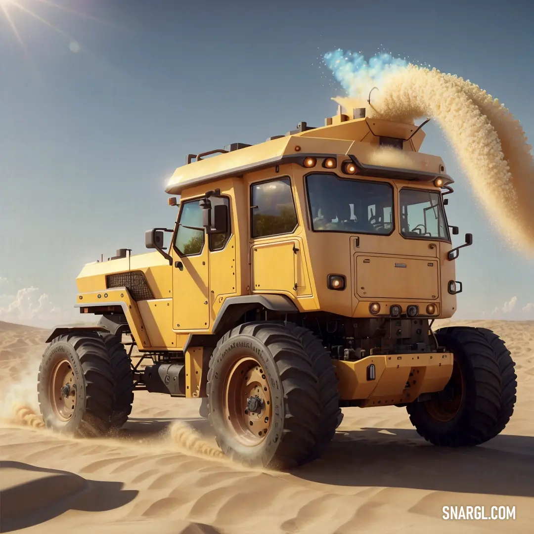 Large yellow truck driving through a desert filled with sand and dust with a sky background. Color Yellow Orange.
