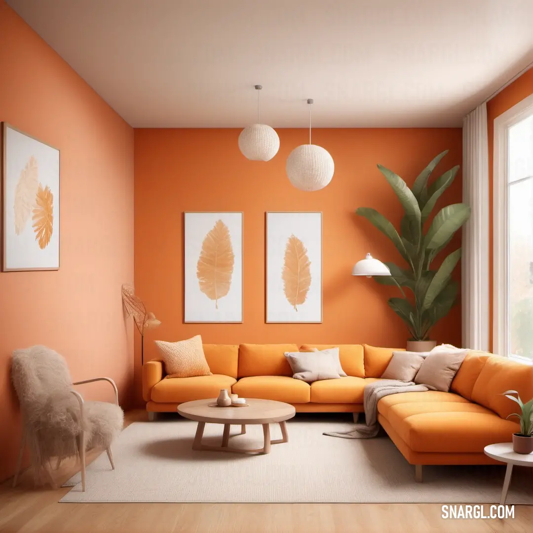 Living room with orange walls and a white rug on the floor and a large plant in the corner. Color #FFAE42.