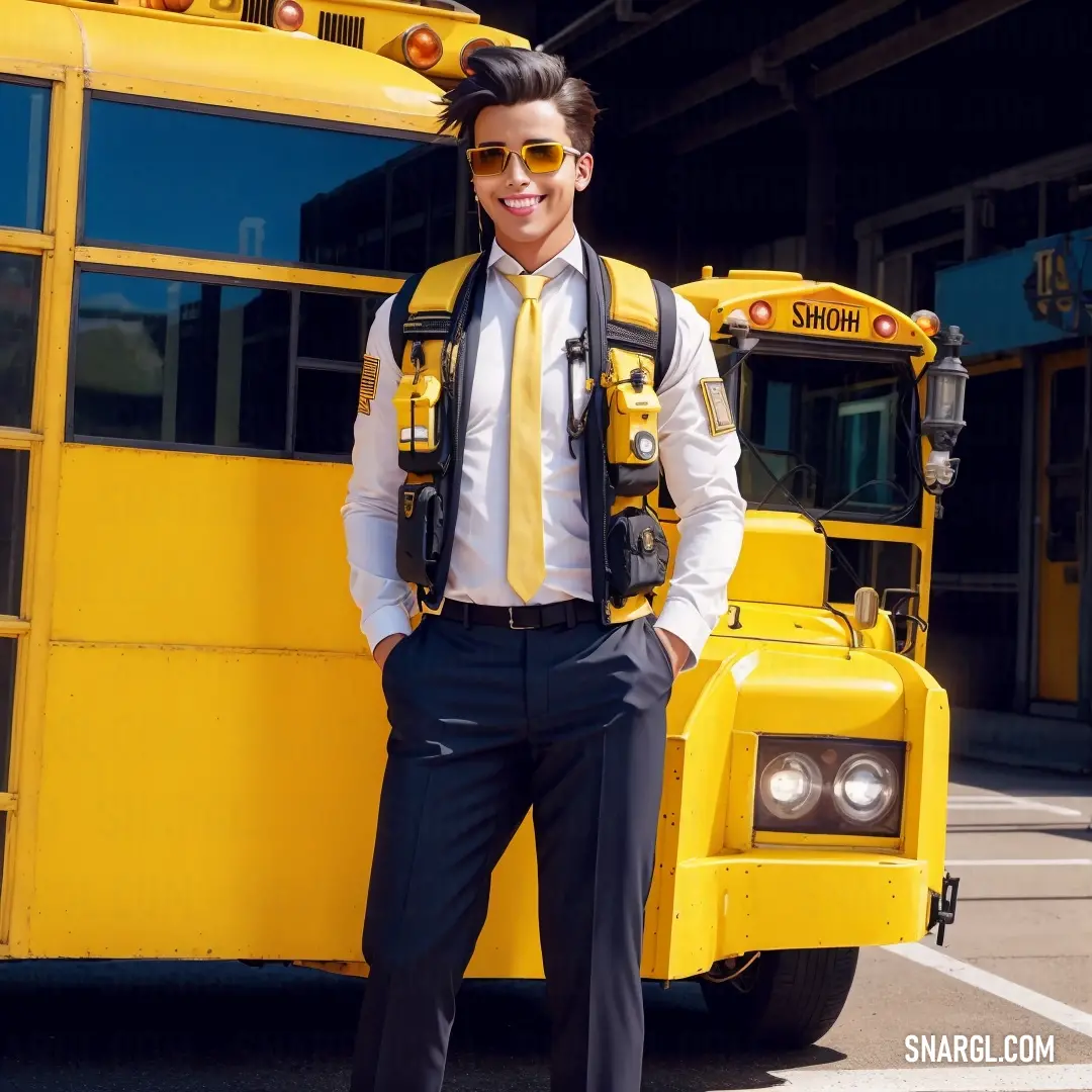 Man in a tie and sunglasses standing in front of a school bus with a yellow bus behind him