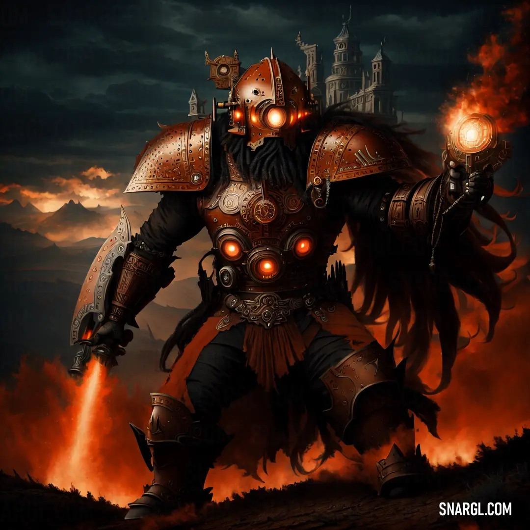 Man with a glowing face and a huge armor holding a light up in his hand