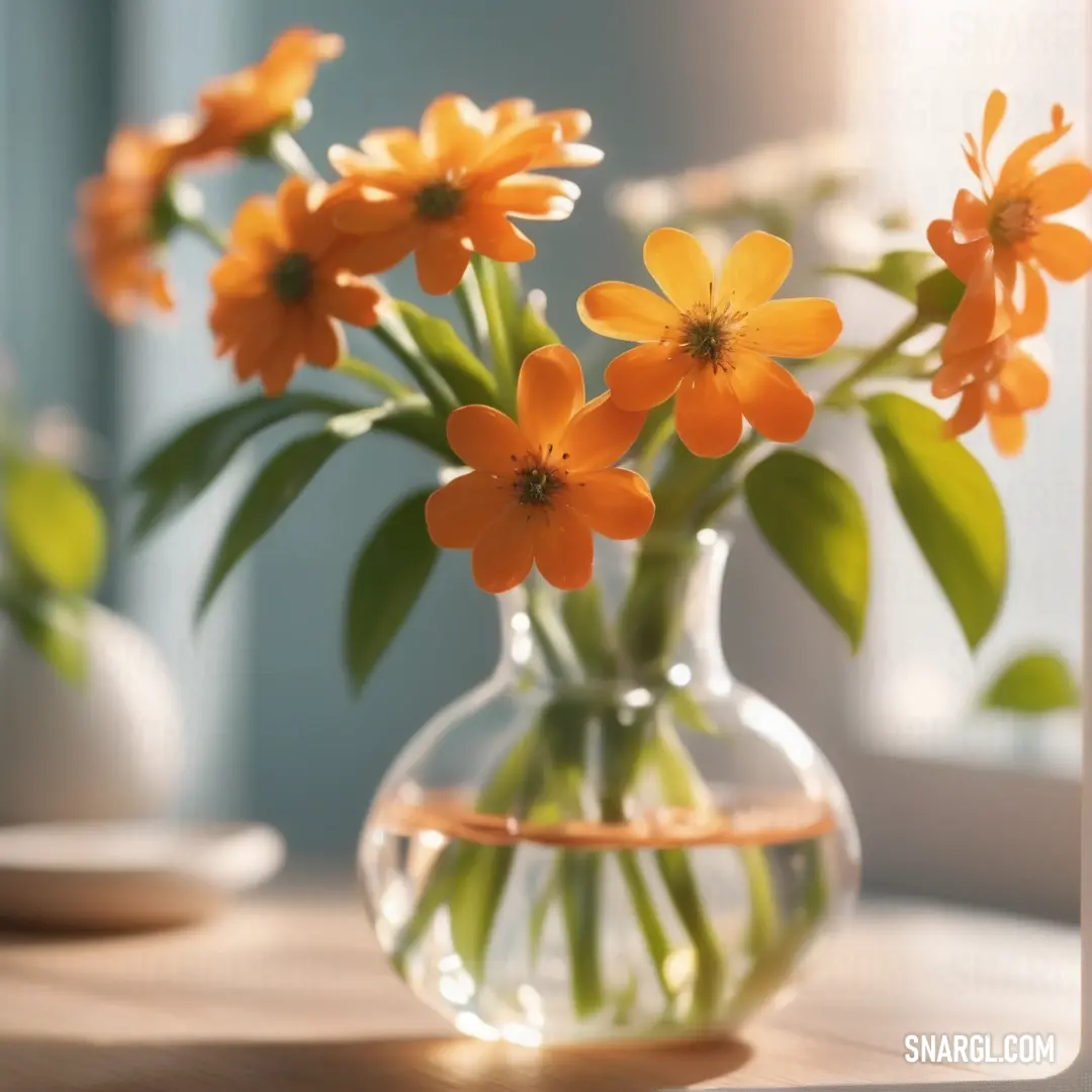 Vase filled with orange flowers on a table next to a window sill and a plate of food. Color #FFAE42.