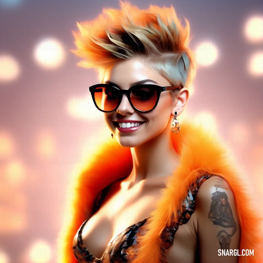 Yellow Orange color. Woman with a mohawk and sunglasses on her head and a fur stole around her neck and chest