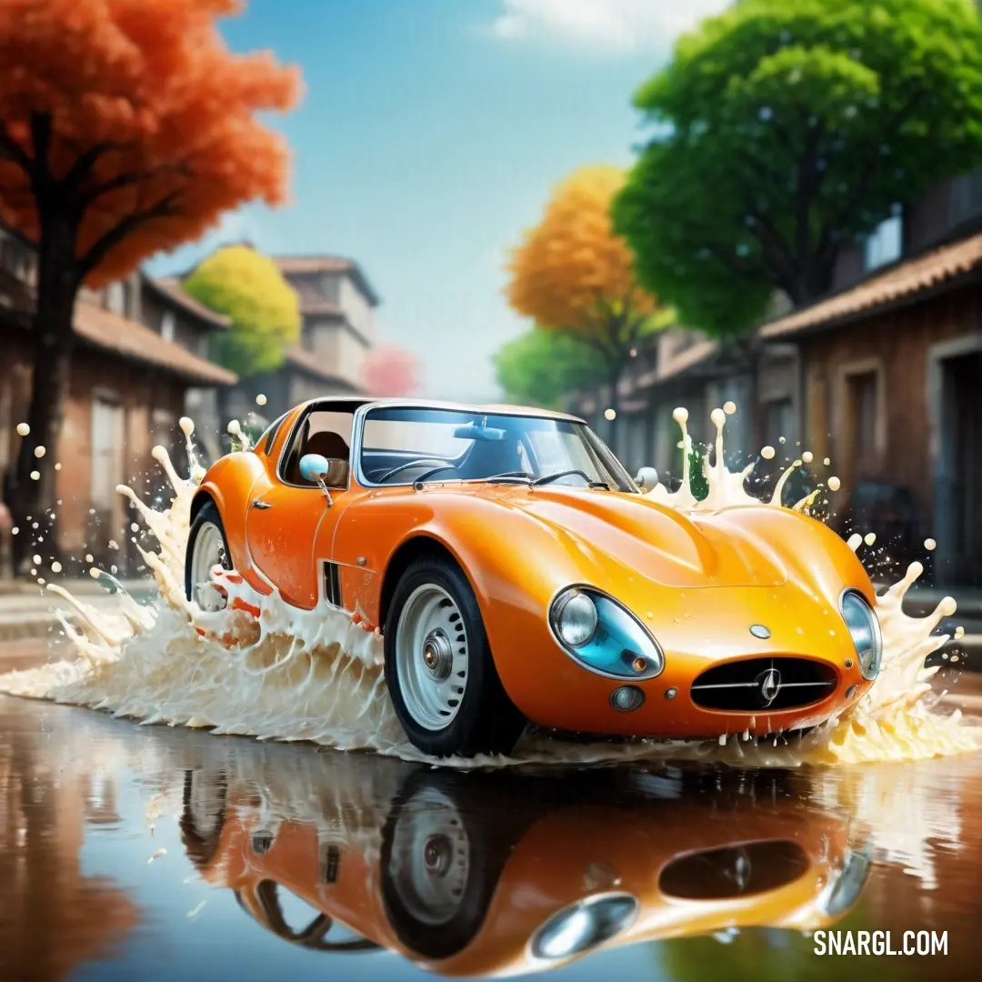 Car is driving through a puddle of water in a city street with trees and buildings in the background. Color RGB 255,174,66.