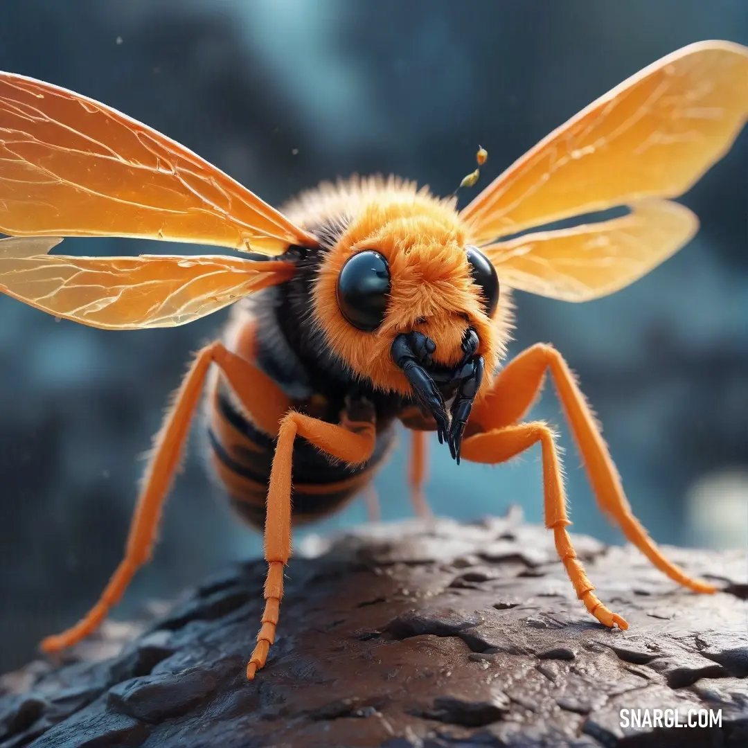 Close up of a bee on a rock with its eyes closed and wings wide open, with a blurred background. Example of Yellow Orange color.