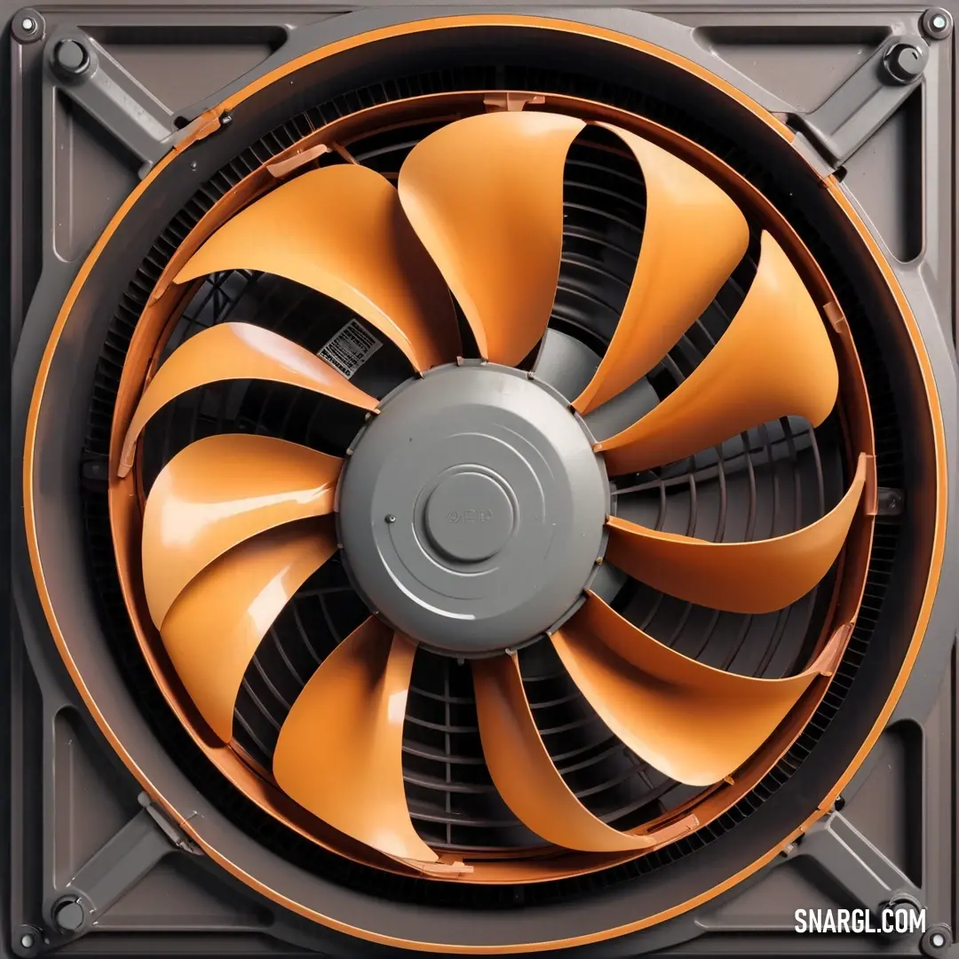Close up of a fan on a metal surface with a black and orange stripe around it and a gray. Example of Yellow Orange color.